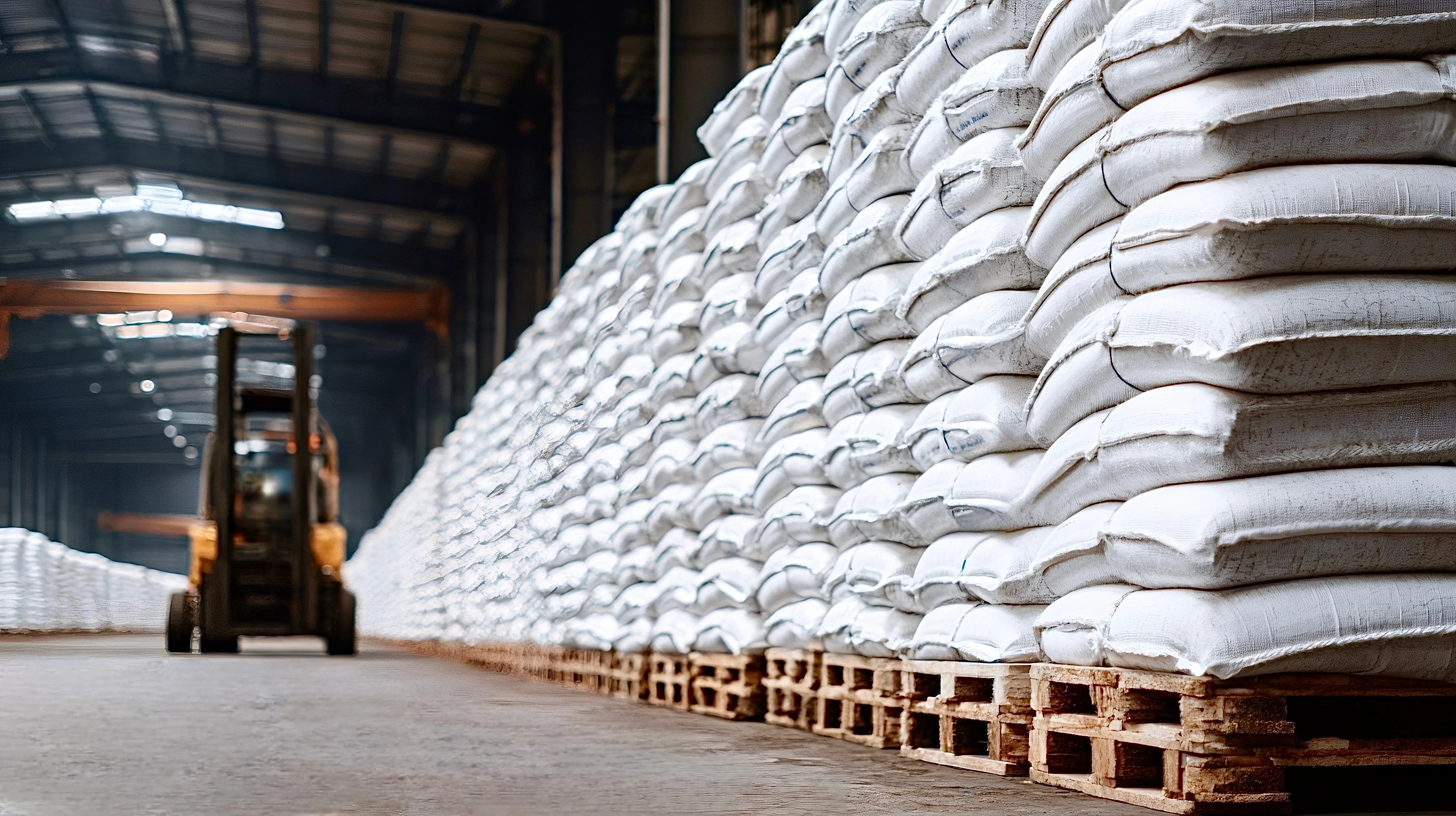 Stacked sugar sacks in an institutional warehouse